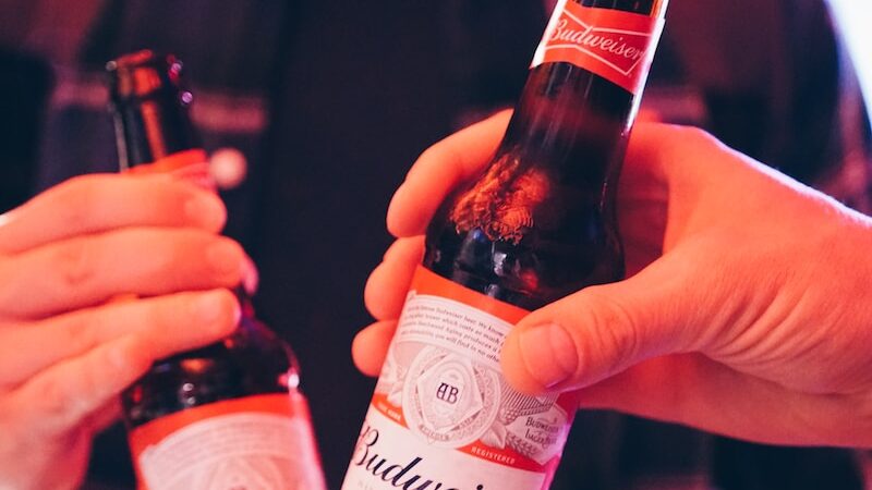 two persons holding white Budweiser bottles